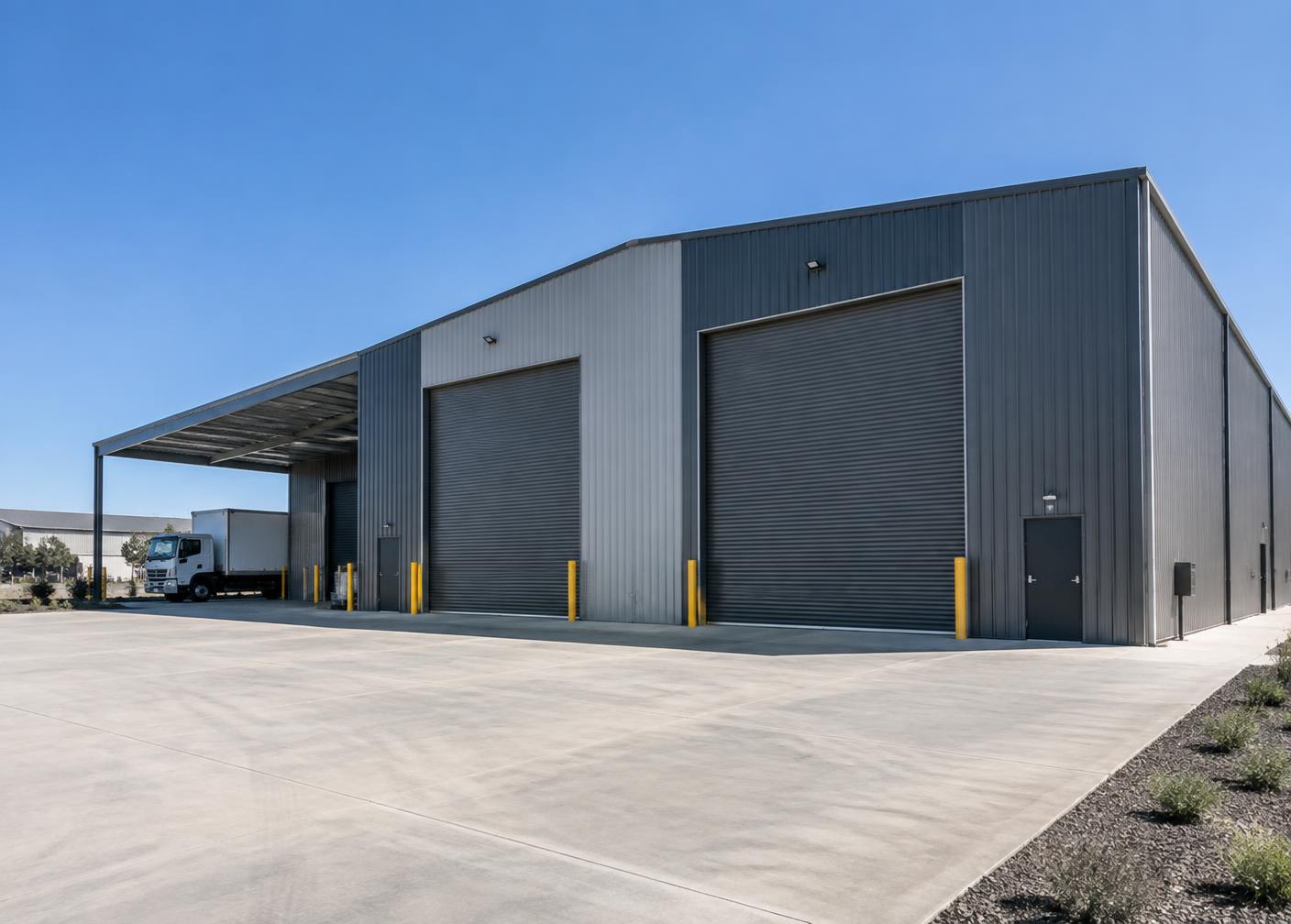 Large industrial steel shed with high clearance roller doors
