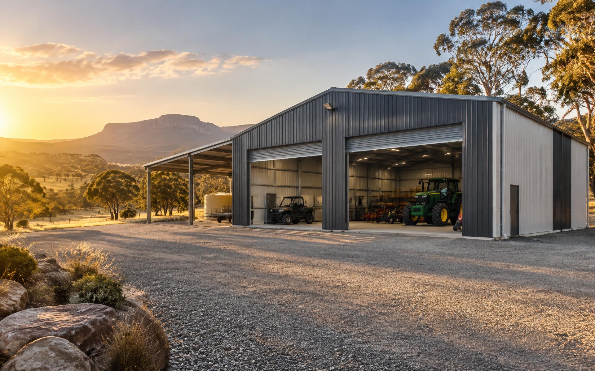 Large Australian steel farm shed at sunset with open roller doors