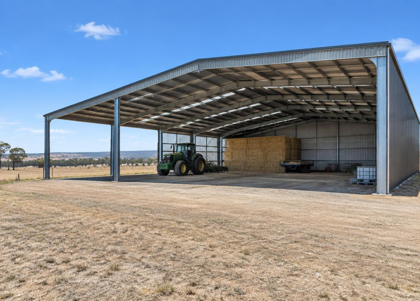 Open bay machinery shed on a rural property