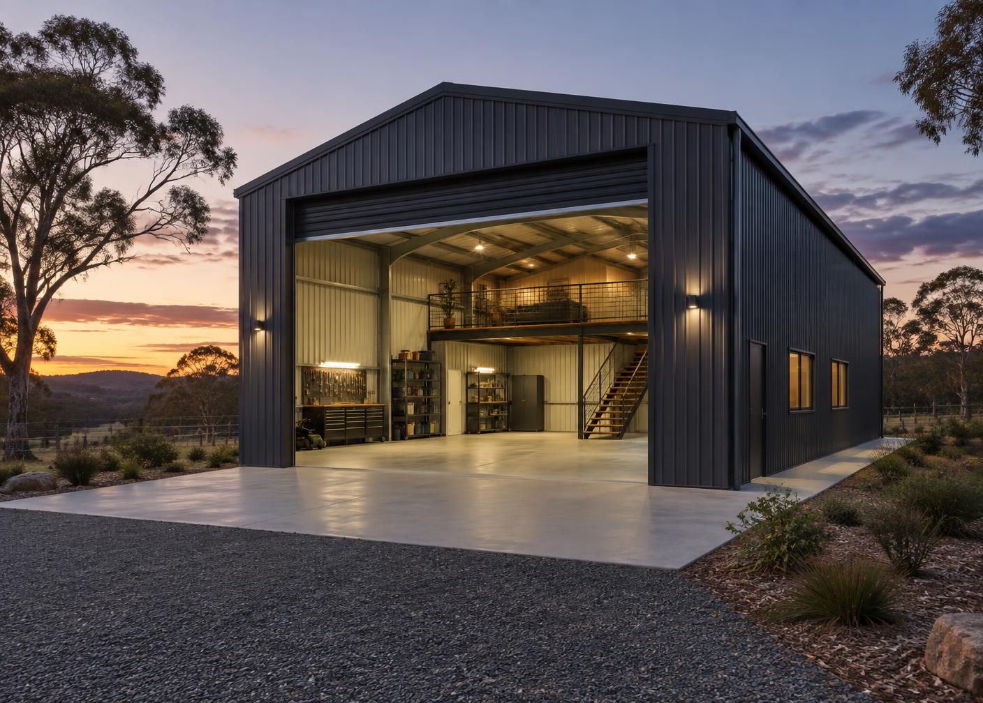 Large workshop shed with mezzanine and roller door